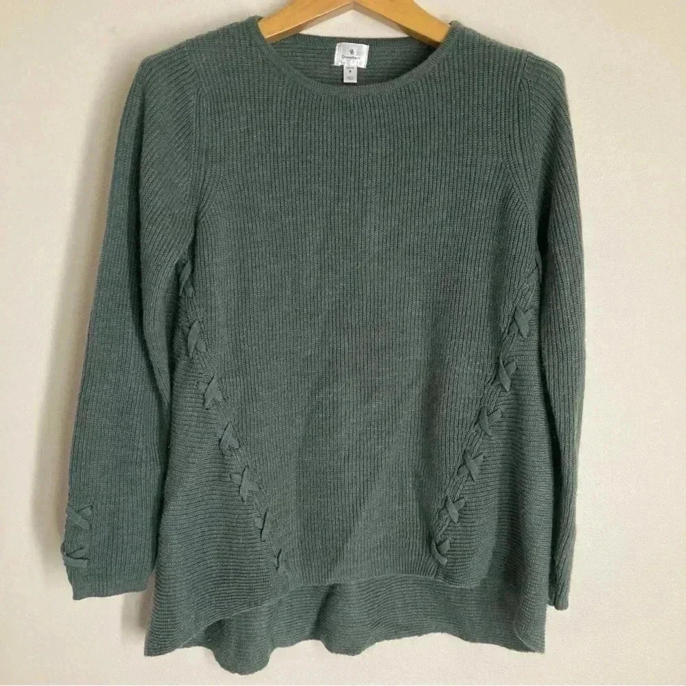 Dress Barn High Low Green Sweater with X Stitch Detail Size Small